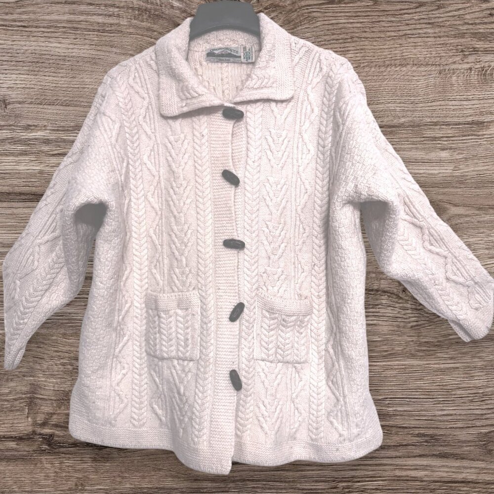 Aran Crafts Ireland Merino Wool Cardigan Coat XL Cream Cable Knit Toggle Button